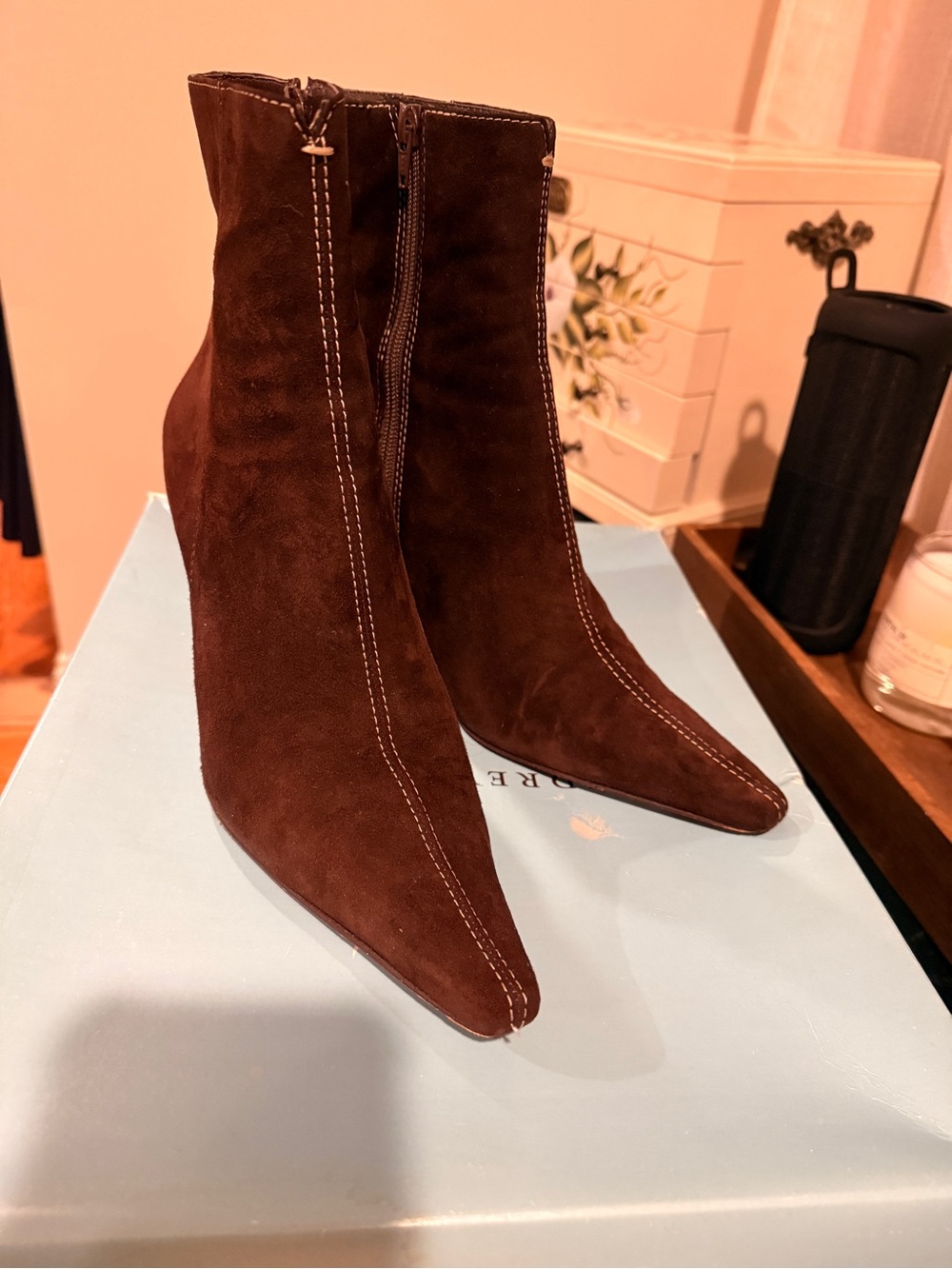 Audrey Brooke Brown Suede Pointed Toe Ankle Booties